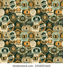 Vector seamless pattern on the theme of beer with various beer labels with images of barrels, beer glasses, mills, laurel wreathes, ears of wheat and other in retro style