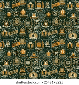 Vector seamless pattern on the theme of beer with various beer labels with images of barrels, beer glasses, mills, laurel wreathes, ears of wheat and other in retro style