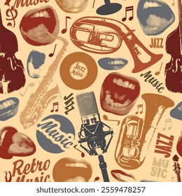 Vector seamless pattern on the theme of retro jazz music with singing mouths, vinyl records and musical instruments. Bright vector background, suitable for Wallpaper, wrapping paper, fabric