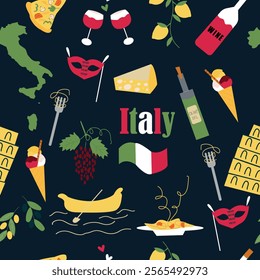 Vector seamless pattern on the theme of Italy and Italian cuisine in the colors of the Italian flag in retro style. 