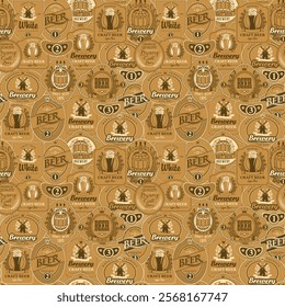 Vector seamless pattern on the theme of beer with various beer labels with images of barrels, beer glasses, mills, laurel wreathes, ears of wheat and other in retro style on orange background