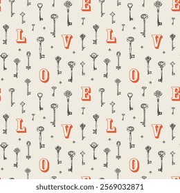 Vector seamless pattern on the theme of love with vintage keys and initial letters in retro style. Abstract background with hand-drawn illustrations. Suitable for wallpaper, wrapping paper, fabric