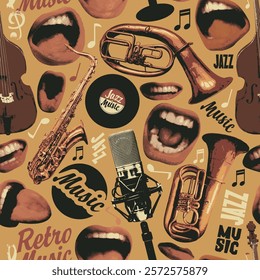 Vector seamless pattern on the theme of retro jazz music with singing mouths, vinyl records and musical instruments. Bright vector background, suitable for Wallpaper, wrapping paper, fabric