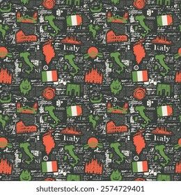 Vector seamless pattern on the theme of Italy with Italian architectural landmarks and a map in the colors of the Italian flag on black background. Suitable for Wallpaper, wrapping paper, fabric