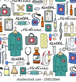 Vector seamless pattern on the theme of medicine with hand drawn medical symbols. Background for use in design, web site, packing, textile, fabric