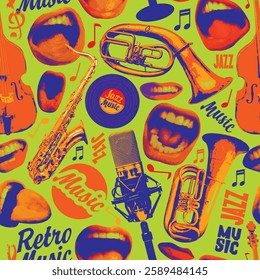 Vector seamless pattern on the theme of retro jazz music with singing mouths, vinyl records and musical instruments. Bright vector background, suitable for Wallpaper, wrapping paper, fabric