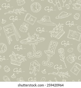 Vector seamless pattern on the theme of cafe with hand drawn symbols of cafe and decorative elements on gray background. Background for use in design, web site, packing, textile, fabric