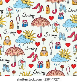Vector seamless pattern on the theme of spring with hand drawn spring symbols. Background for use in design, web site, packing, textile, fabric