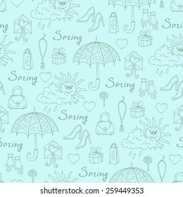 Vector seamless pattern on the theme of spring with hand drawn spring symbols on blue background. Background for use in design, web site, packing, textile, fabric