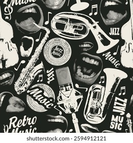 Vector seamless pattern on the theme of retro jazz music with singing mouths, vinyl records and musical instruments. Vector background, suitable for Wallpaper, wrapping paper, fabric