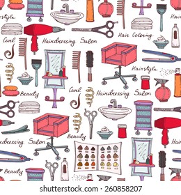 Vector seamless pattern on the theme of hairdressing salon with hand drawn salon symbols. Background for use in design, web site, packing, textile, fabric