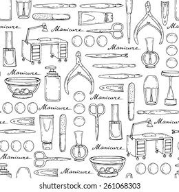 Vector seamless pattern on the theme of manicure with hand drawn manicure symbols on white background. Background for use in design, web site, packing, textile, fabric 