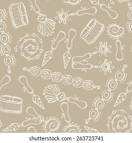 Vector seamless pattern on the theme of jewelry with sketches of fashionable earrings and bracelets on brown color. Background for use in design, web site, packing, textile, fabric