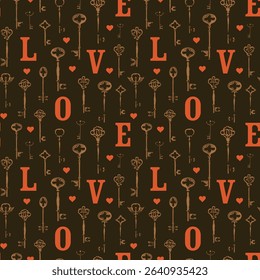 Vector seamless pattern on the theme of love with vintage keys and capital letters in vintage style. Abstract background. Wallpaper, wrapping paper, fabric, textile. Greeting card.No ai used
