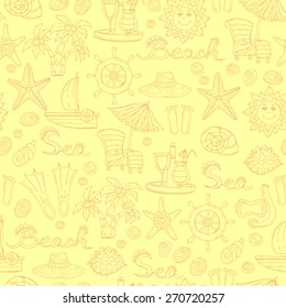 Vector seamless pattern on the theme of beach and sea on yellow background. Background for use in design, web site, packing, textile, fabric