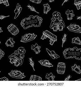 Vector seamless pattern on the theme of beer on black color. Hand drawn background. Background for use in design, web site, packing, textile, fabric
