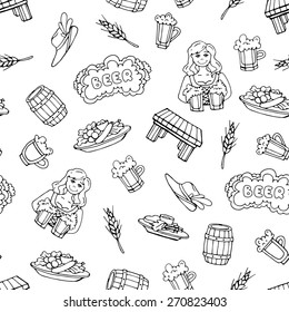 Vector seamless pattern on the theme of beer on white color. Hand drawn background. Background for use in design, web site, packing, textile, fabric