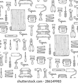 Vector seamless pattern on the theme of repair on white color. Pattern with rolls of wallpaper, ladders, hammers, screwdrivers, paint. Background for use in design, web site, packing, textile, fabric