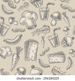 Vector seamless pattern on the theme of food. Vector pattern with icons handmade in brown and grey tones.