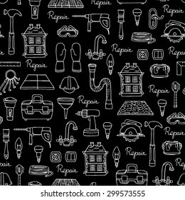 Vector seamless pattern on the theme of repair and construction on black background. Pattern with isolated tools. Background for use in design, web site, packing, textile, fabric