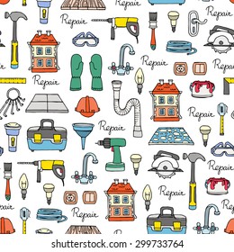 Vector seamless pattern on the theme of repair and construction. Pattern with isolated tools. Background for use in design, web site, packing, textile, fabric
