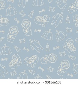 Vector seamless pattern on the theme of newborn boy and girl. Pattern with necessary things for baby on gray background. Background for use in design, web site, packing, textile, fabric