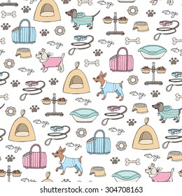 Vector seamless pattern on the theme of dogs. Pattern with isolated care products for dogs. Background for use in design, web site, packing, textile, fabric