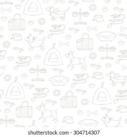 Vector seamless pattern on the theme of dogs. Pattern with care products for dogs on white background. Background for use in design, web site, packing, textile, fabric