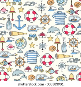 Vector seamless pattern on the theme of sea symbols.Pattern with isolated anchor, sailor clothing, ship, spyglass, fish, compass, bell. Background for use in design, web site, packing, textile, fabric