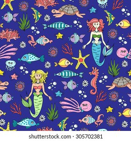 Vector seamless pattern on the theme of the sea with fish and mermaids on blue. Pattern with marine flora and fauna, underwater world. Background for use in design, web site, packing, textile, fabric