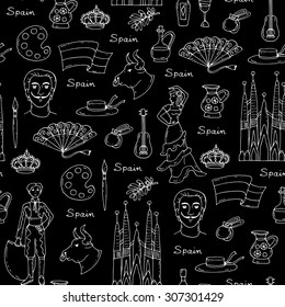 Vector seamless pattern on the theme of Spain. Pattern with isolated symbols of Spain on black color. Background for use in design, web site, packing, textile, fabric