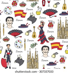 Vector seamless pattern on the theme of Spain. Pattern with isolated symbols of Spain. Background for use in design, web site, packing, textile, fabric