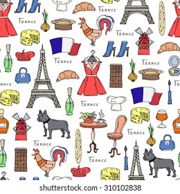 Vector seamless pattern on the theme of France. Pattern with isolated symbols of France - flag, Eiffel tower, croissant,cock, cheese. Background for use in design, web site, packing, textile, fabric