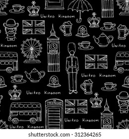 Vector seamless pattern on the theme of United Kingdom. Pattern with symbols of United Kingdom on black color. Background for use in design, web site, packing, textile, fabric