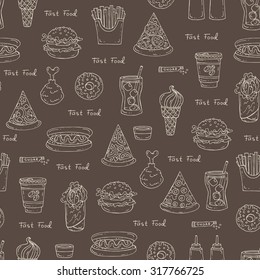 Vector seamless pattern on the theme of fast food. Pattern with hamburgers, pizza and drinks on brown color. Background for use in design, web site, packing, textile, fabric
