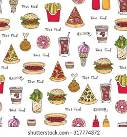 Vector seamless pattern on the theme of fast food. Pattern with isolated hamburgers, pizza and drinks. Background for use in design, web site, packing, textile, fabric