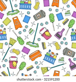 Vector seamless pattern on the theme of cleaning services company. Pattern with hand drawn isolated symbols of cleaning. Background for use in design, web site, packing, textile, fabric