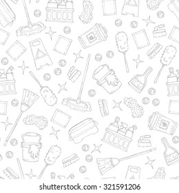 Vector seamless pattern on the theme of cleaning services company. Pattern with hand drawn symbols of cleaning on white color. Background for use in design, web site, packing, textile, fabric