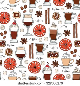 Vector seamless pattern on the theme of coffee. Pattern with hand drawn isolated coffee drinks. Background for use in design, web site, packing, textile, fabric