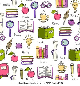 Vector seamless pattern on the theme of books and education. Pattern with isolated symbols of education. Background for use in design, web site, packing, textile, fabric