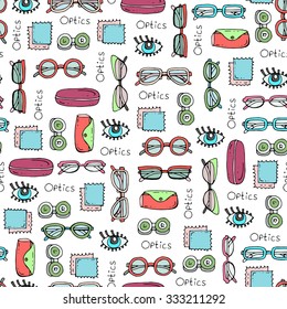 Vector seamless pattern on the theme of optics store. Pattern with isolated hand drawn glasses and accessories for them. Background for use in design, web site, packing, textile, fabric