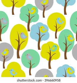 Vector seamless pattern on the theme of nature. Birds sitting on the trees.
