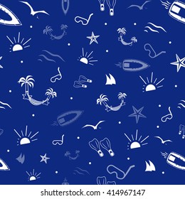 vector seamless pattern on the theme of the summer: summer vacation, holiday, travel, sea cruise, yacht, boat, scuba diving