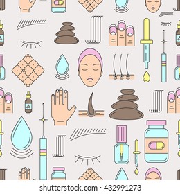 Vector seamless pattern on the theme of beauty and health of hair, skin and nails. Made in trendy line color style. Medical cosmetology.