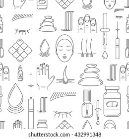 Vector Seamless Pattern On The Theme Of Beauty And Health Of Hair, Skin And Nails. Made In Trendy Line Color Style. Medical Cosmetology.