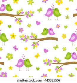 Vector seamless pattern on the theme of nature. Lovers of birds sitting on the branches of trees, among the flowers, hearts and butterflies.