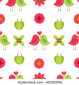 Vector seamless pattern on the theme of nature. Lovers birds among flowers and hearts.