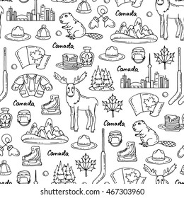 Vector seamless pattern on the theme of Canada. Pattern with symbols on white color. Background for use in design, web site, packing, textile, fabric