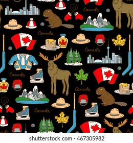 Vector seamless pattern on the theme of Canada. Pattern with colored symbols of Canada on black color. Background for use in design, web site, packing, textile, fabric