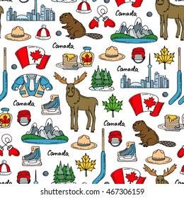 Vector Seamless Pattern On The Theme Of Canada. Pattern With Colored Symbols. Background For Use In Design, Web Site, Packing, Textile, Fabric